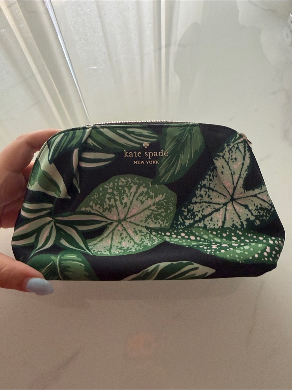 kate spade New York Black Cosmetic Pouch with Green Leaf Print